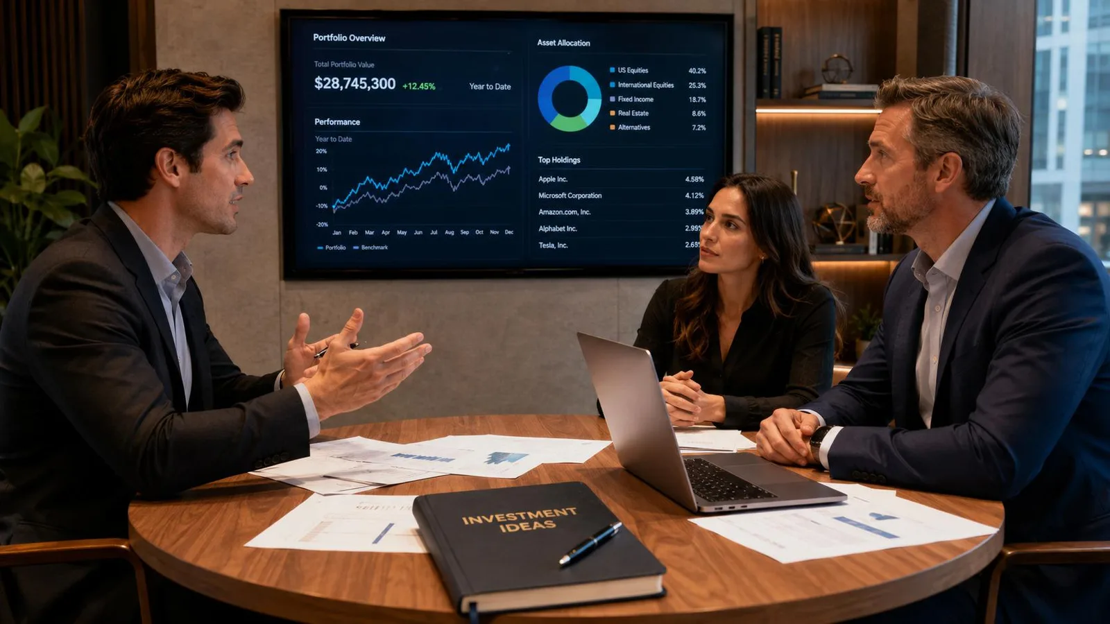 Analyst reviewing portfolio allocation charts on multiple screens